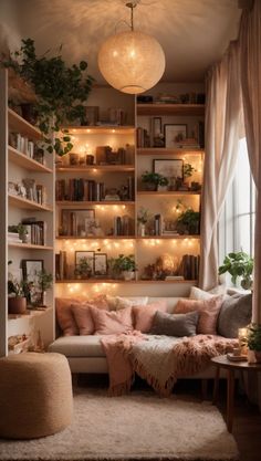 a living room filled with lots of furniture and bookshelves next to a window