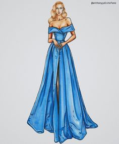 a drawing of a woman in a blue dress with her hands on her hips,