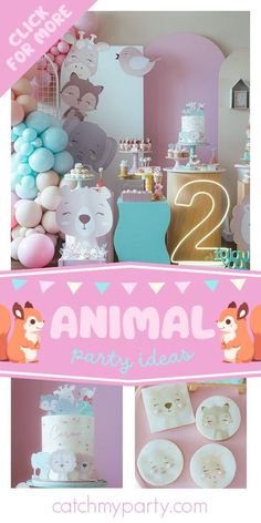 an animal themed birthday party with balloons and decorations