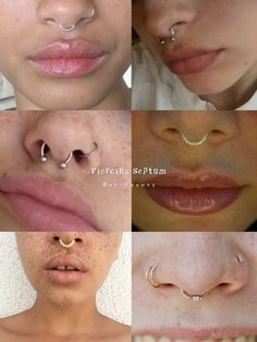 multiple pictures of different types of nose piercings on women's lips and noses