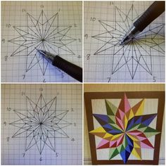 four pictures showing how to make a star quilt with the help of a crochet hook