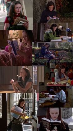 many different pictures of people in the same room with one person reading and another looking at something