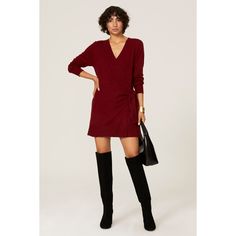 Red knit (45% Nylon, 25% Recycled Polyester, 25% Acrylic, 5% Wool). Wrap. V-neck. Long sleeves. Tie closure. 34" from shoulder to hemline. Imported. Chic Knit Mini Dress With V-neck, Chic Knit V-neck Mini Dress, Winter V-neck Knit Mini Dress, Chic Red V-neck Dress For Fall, Chic Red Knit Dress, Casual V-neck Dress For Fall Workwear, Casual V-neck Dress For Work In Fall, Casual V-neck Dress For Work, Fall Season, Casual Fall V-neck Work Dress