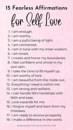 a pink background with the words 15 fearless affirmations for self love