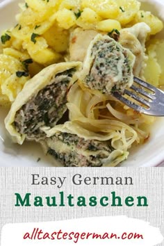 an easy german meal with meatballs, pasta and mashed potatoes on a white plate