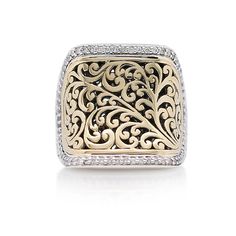 18K Gold LH Signature Scroll with White Diamond Border & Sterling Silver Ring incorporates the technique of hand carving scroll. .925 Sterling Silver 18K Gold White Diamond (0.33ct) Features Hand Carving Scroll Measures : approx. 20mm top ring [SHORTDESCRIPTION]