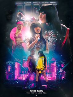 the poster for nicki mina's new music video, featuring two women in neon outfits