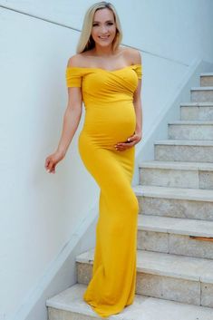 Maternity Flare Gown with Long Sleeves - Sexy Mama Maternity Fitted Maternity Gown, Pregnant Model, Gold Gown, Maternity Gown, Halter Gown, Long Sleeve Gown, Maternity Gowns, Spring Looks, Pregnancy Photoshoot