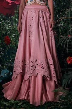 Salmon pink layered lehenga in chanderi base with lily bloom tonal cut work detail. - Aza Fashions Lehenga Skirts, Layered Lehenga, Lehenga For Women, Lily Bloom, Lehenga Skirt, Salmon Pink, Cut Work, Aza Fashion, Lehenga