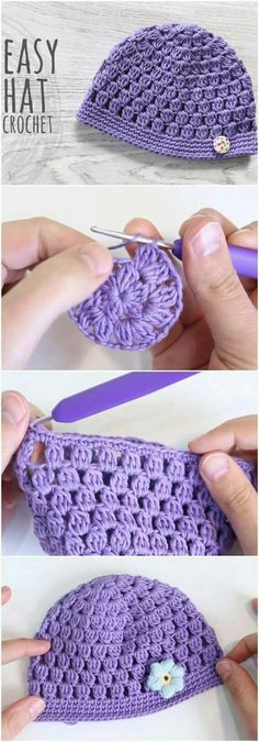 the crochet hat is being worked on by someone using scissors to make it