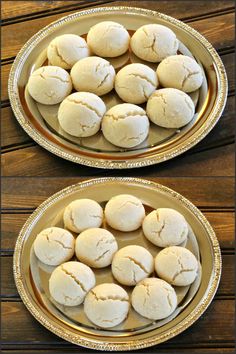 two plates filled with cookies on top of a wooden table