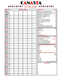 a printable score sheet with the words canasta written in red and black