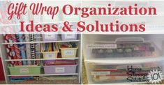 organized storage bins with the words gift wrap organization ideas & solutions on them in red and white