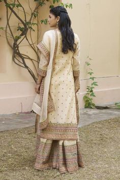 Cream kurta with multicolor thread embroidery in bloom pattern. Paired with border embroidered sharara and dupatta. - Aza Fashions Kurta And Sharara, Embroidered Sharara, Kurta Sharara Set, Kurta Sharara, Sharara Set, Thread Embroidery, In Bloom, Set For Women, Embroidery Thread