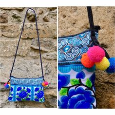 Hmong Style Crossbody/shoulder Bag with Traditional Tribal embroidery. This Bag features brilliantly vibrant colours with a unique embroidered design on both sides of the bag, and cute cotton Pom poms for an added touch of fun!  Perfect size to fit your essentials, if you don't feel like carrying a big bag around. Ideal for festivals!  Has a long strap that can be worn on the shoulder or across the body. The bag has a top zip closure for security.  please note the braid at the top of the bag may Hmong Fashion, Hippie Purse, Ethnic Bag, Colorful Bags, Festival Bag, Big Bag, Big Bags, Boho Bag, Vibrant Colours