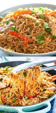 two plates with noodles and vegetables in them