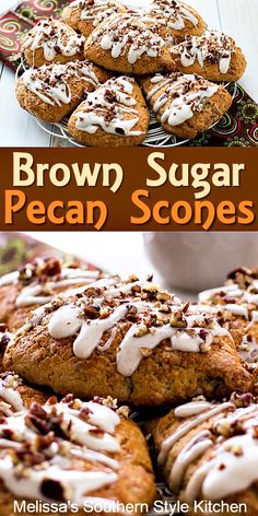 brown sugar pecan scones with white icing on top and in the middle