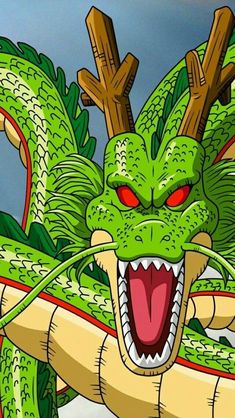 a green dragon with red eyes and sharp teeth