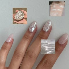 Mermaid Pearl Shell Beach Chrome Press-on Nails Hand Painted Press-on Nails Kira Kira Nails - Etsy Pearl Nails 3d, Pearl Stone Nails, Chrome Seashell Nails, Wedding Guest Manicure, Pearl Shell Nails, 3d Pearl Nails, Irridecent Design Nails Short, Pearl Nails With Design, Silver Pearl Nails