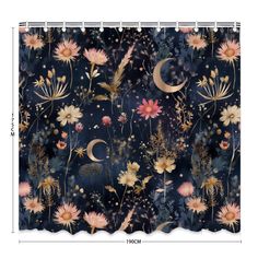 an image of a shower curtain with flowers and moon in the sky on blue background