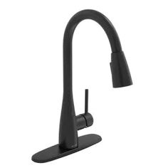 a black kitchen faucet with the handle extended to it's spout