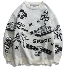 A comfy and personality-graphic knit sweater you don't have to think twice about. Soft and comfortable fabrics give you a different experience, whether you are a fashion match or on a daily commute. It’s enough to satisfy all your fantasies about sweaters. You’ll absolutely love it, this fashionable space station graphic knit sweater is not only soft and warm but also helps you feel outside during the cold winter months, cool space station, complete with astronauts, spacecraft, and probes, as if Graphic Knit Sweater, Dressing Sense, Preppy Sweater, College Style, Space Station, Comfy Sweaters, White Sweater, Dream Clothes, Style Outfits