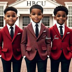 three young boys wearing red suits and black ties, standing in front of a building