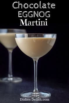 chocolate eggnog martini is served in coupe glasses on a black table with text overlay