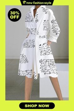 knowfashionstyle Letter Print Elegant Print Patchwork Buttons Turndown Collar A Line Dresses White Patchwork Dress For Work, Line Dresses, A Line Dresses, Loose Outfit, Turndown Collar, Fashion Gallery, Wholesale Fashion, Letter Print, Three Quarter