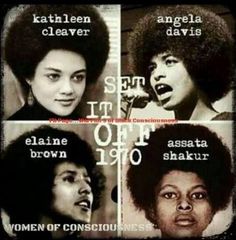 four black women with different hair styles and words on their faces, including the same woman's face