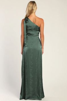 Emerald Green Maxi Dress - One-Shoulder Dress - Tie-Strap Dress - Lulus Silk Off-shoulder Evening Dress For Spring, Spring Silk Off-shoulder Evening Dress, Elegant Fitted One Shoulder Floral Dress, Elegant Fitted One Shoulder Dress With Floral Print, Elegant Off-shoulder Satin Dress For Date Night, Spring Silk One Shoulder Evening Dress, Spring Wedding Silk One Shoulder Dress, Spring Silk One-shoulder Evening Dress, One-shoulder Satin Dress For Spring Wedding