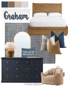 an image of a bedroom with blue and brown tones on the walls, furniture and decor