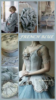 an image of a woman in a blue dress with pearls on her head and the words french blue written below it