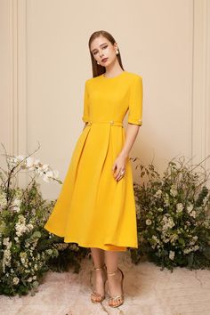 Flare Dress Outfit, Daffodil Yellow, Career Outfits, Yellow Clothes, Mean Blvd, Yellow Midi Dress, Ladies Clothes, Mid Length Dresses, Modest Dresses