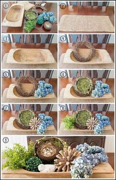 the steps to make a basket with flowers and plants in it on top of a table