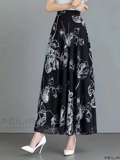 Peilia - Elevate Your Wardrobe with our Floral Printed High Waist Swing Skirt - a Perfect Blend of Elegance and Comfort for Every Fashion Forward Womans Spring and Fall Collection Elegant A-line Bottoms With Floral Print, Elegant Printed Skirt, Black Floral Print Flowy Skirt, Black Flowy Floral Skirt, Stylish Plus, Fall Collection, Fall Collections, Plus Size Casual, Long Sleeve Cardigan