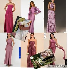 a collage of photos showing different styles of bridesmaid gowns and dresses