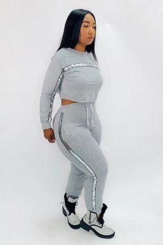 Grey Two Piece, Long Sleeve Suit, Women's Suits, Crop Top Casual, Track Suit, Teenager Outfits, Tracksuit Women