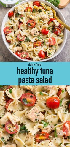 pasta salad with chicken, tomatoes and spinach in a white bowl