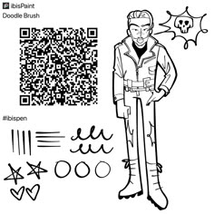 a man standing next to a qr code and some other things in front of him