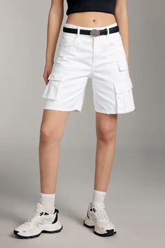 Stylish Cargo Denim Shorts – MISS SIXTY High Rise Casual Cotton Cargo Shorts, High Rise Cotton Cargo Shorts Casual, High Rise Cotton Cargo Shorts Casual Style, Casual High Rise Cotton Cargo Shorts, Spring Cargo Pocket Short Jeans, High Rise Cargo Shorts With Pockets For Spring, Casual White Jean Shorts With Belt Loops, Spring Short Jeans With Cargo Pockets, Spring Knee-length Jean Shorts With Belt Loops