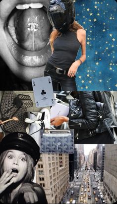 a collage of photos with an image of a woman's mouth and tongue