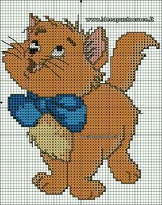 a cross stitch cat with a blue bow tie