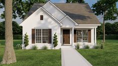 a small white house with brown shutters on the front door and windows in the side