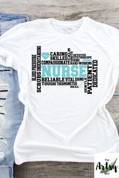 a white t - shirt with the words nurse in different languages on it and an image of