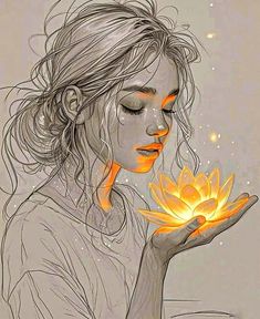 a drawing of a woman holding a flower in her hands with fire coming out of it