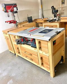 a workbench with tools on it in a garage