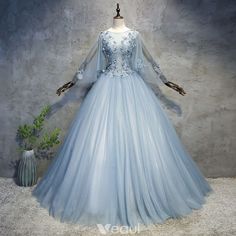 Chic / Beautiful Sky Blue Prom Dresses 2018 Ball Gown Appliques Pearl Scoop Neck Backless Long Sleeve Floor-Length / Long Formal Dresses #SkyBeutiful Blue Tulle Prom Dress, Sky Blue Prom Dress, Sweet 16 Dress, Prom Dresses 2018, Banquet Dresses, 파티 드레스, Blue Dress Formal, 16 Dress, Long Formal Dress