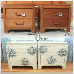 before and after photos of an old dresser painted white with blue flowers on the drawers