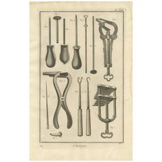 Plate XXVI: 'Chirurgie'. (Surgery.) This plate shows surgical instruments like a speculum, trocar, cannula. This print originates from 'Encyclopédie (..)' by D. Diderot. Published, circa 1760. Mad Scientist Lab, Scientist Lab, Surgical Instruments, Yellow Wallpaper, Mad Scientist, Junk Journals, Surgery, Lab, Medical